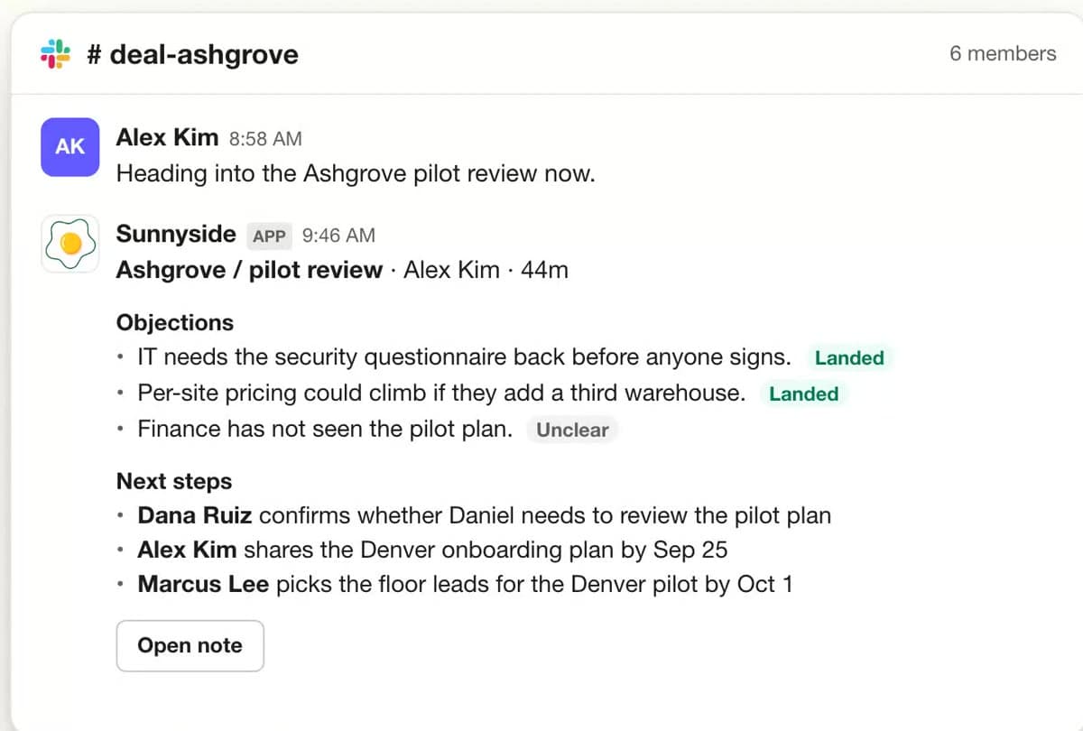 A Sunnyside call summary posted in a Slack deal channel