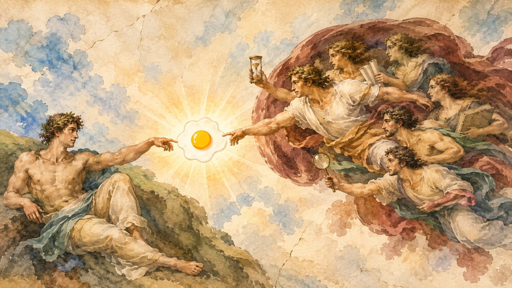Watercolor reimagining of Michelangelo's Creation of Adam, with a sunny-side-up egg as the spark between the two reaching hands