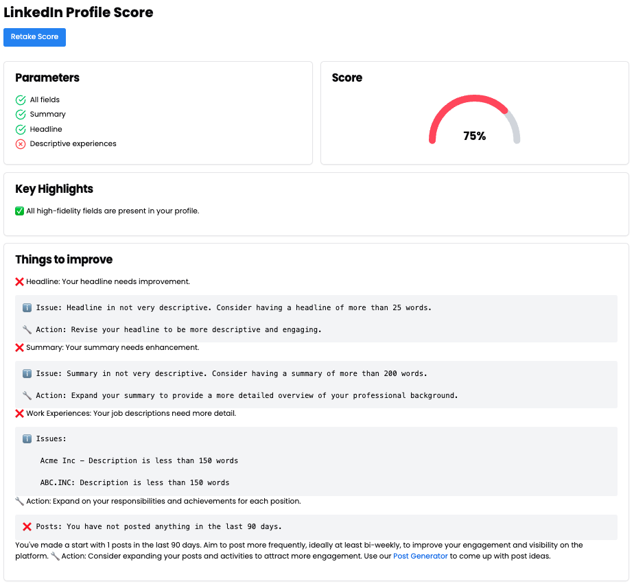 LinkedIn profile score